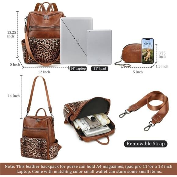 Vegan Leather Backpack for Women Leopard Brown - Picture 3 of 7